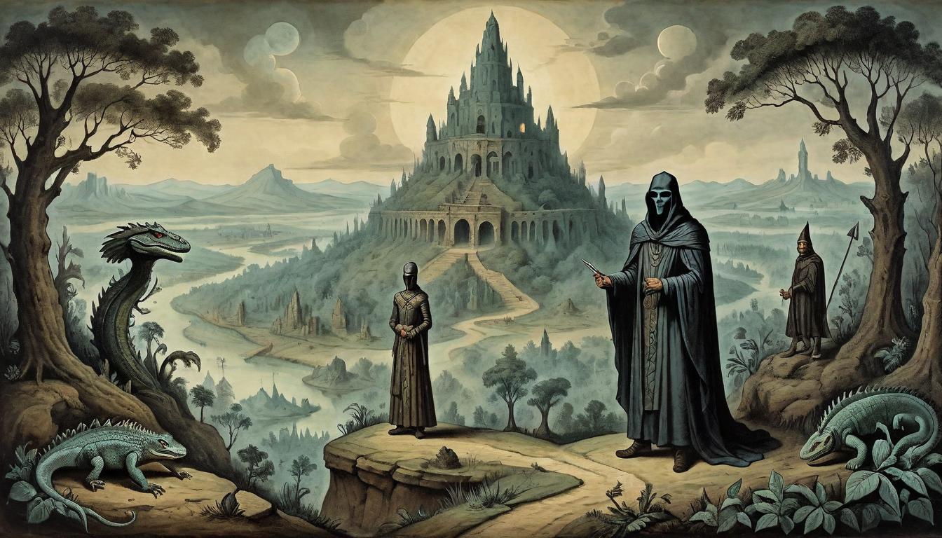  on parchment, surrealism+++, Two figures, one reptilian and one human, standing on a hill overlooking a diverse landscape of dark forests and ancient ruins, each figure cloaked in garments symbolizing their world, harmonious yet contrasting(mysterious, provocative, symbolic,muted color)+++