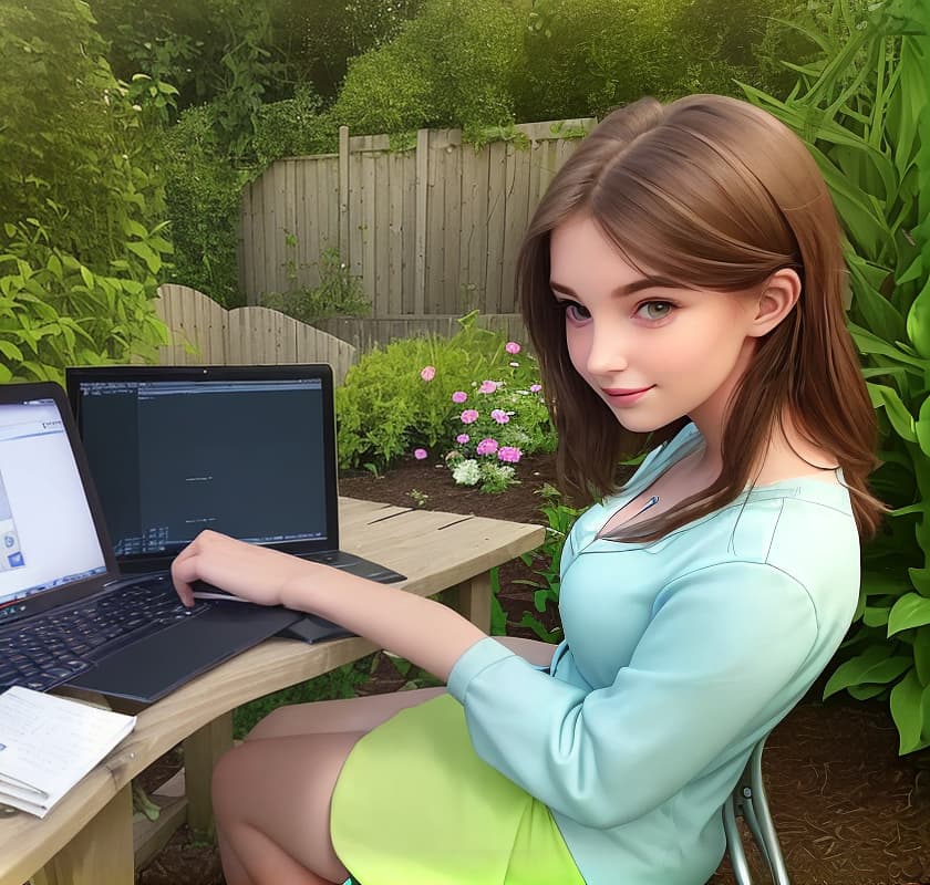  Beautiful girl sits working on the computer in the garden