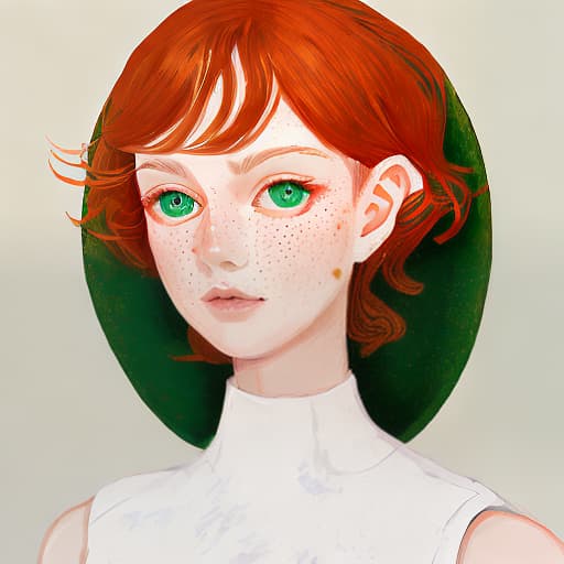  Portrait,  , ginger colores bob hair, green eyes, small Lips, oval face, freckles,Fair skin. West and orverall White dress with with shoulder pads.