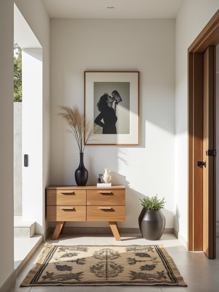  this is an editorial photography showcasing a mid century modern styled mudroom and entryway, characterized by clean lines, organic forms, and a mix of natural and modern elements. the photography, inspired by ansel adams, employs cinestill 800t film grain to capture a polished and dramatic noir movie like feel. chiaroscuro lighting further enhances the composition, emphasizing the functionality and design of the space. the dominant white walls (rgb 255 255 255, #ffffff) serve as a canvas, highlighted by a framed piece from toulouse lautrec, adding an artistic touch to the modern functionality.