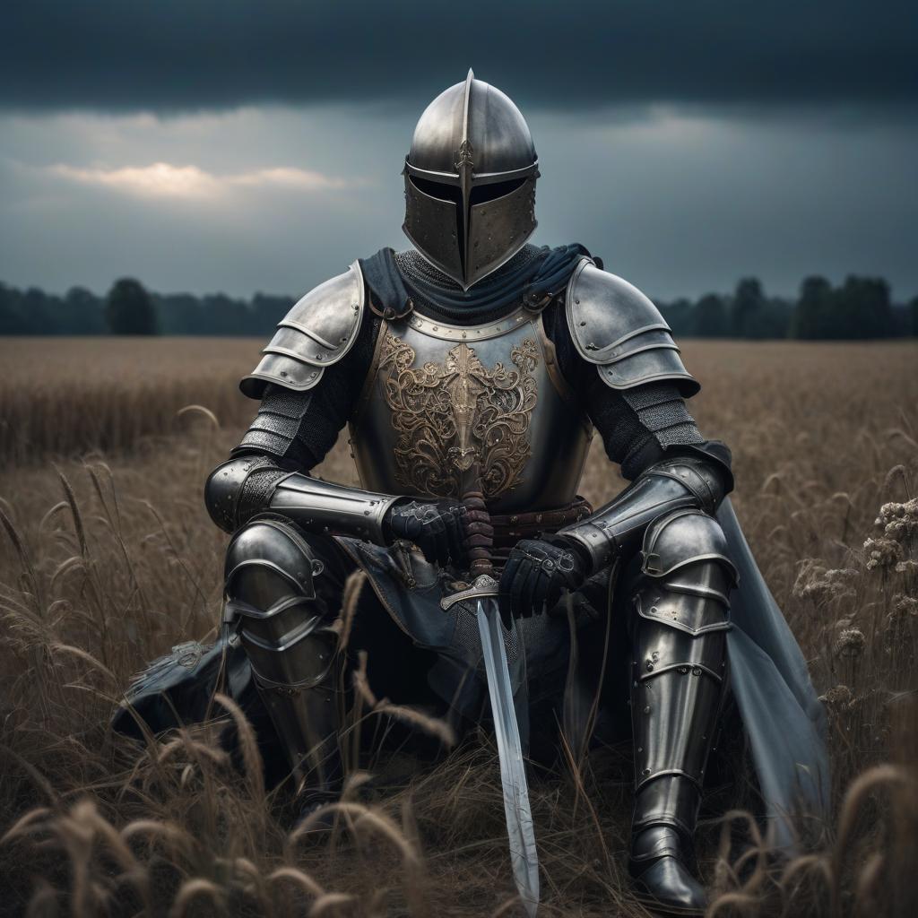  A knight in armor with a sword is sitting in a field, skeletons are dancing around, dark sky, an infinite field hyperrealistic, full body, detailed clothing, highly detailed, cinematic lighting, stunningly beautiful, intricate, sharp focus, f/1. 8, 85mm, (centered image composition), (professionally color graded), ((bright soft diffused light)), volumetric fog, trending on instagram, trending on tumblr, HDR 4K, 8K