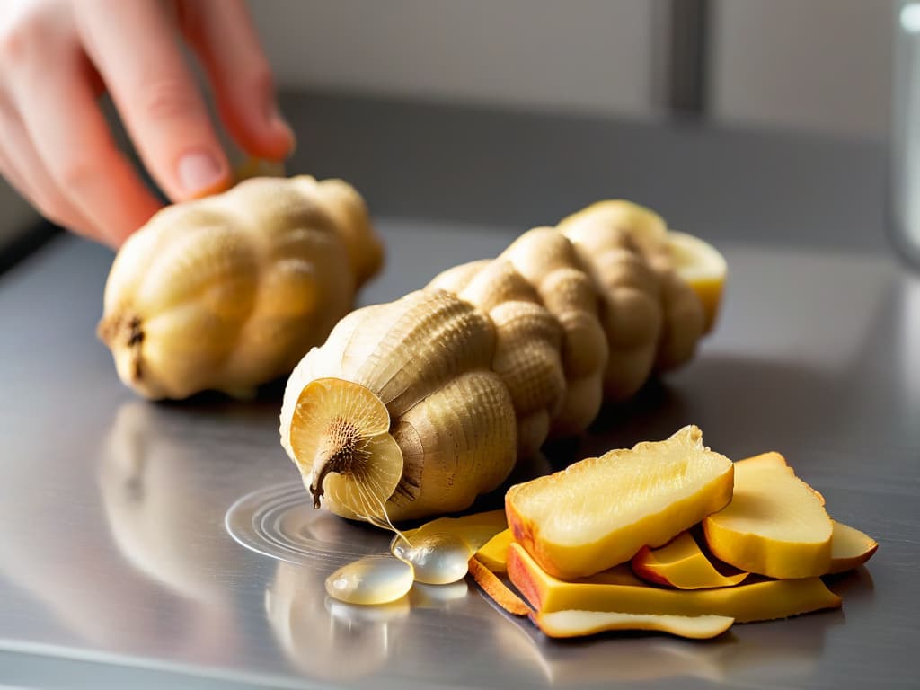  An ultradetailed closeup image of a hand elegantly grating fresh ginger root, capturing every tiny fiber and droplet of essence as it releases, against a softfocused background of a modern kitchen with sleek, minimalistic design elements. The image showcases the intricate textures and vibrant colors of the ginger root, emphasizing its freshness and aromatic properties, while the minimalist setting conveys a sense of sophistication and culinary artistry. hyperrealistic, full body, detailed clothing, highly detailed, cinematic lighting, stunningly beautiful, intricate, sharp focus, f/1. 8, 85mm, (centered image composition), (professionally color graded), ((bright soft diffused light)), volumetric fog, trending on instagram, trending on tumblr, HDR 4K, 8K