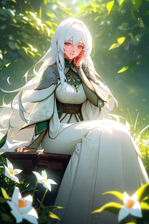  (masterpiece, best quality),1girl with long white hair sitting in a field of green plants and flowers, her hand under her chin, warm lighting, white dress, blurry foreground hyperrealistic, full body, detailed clothing, highly detailed, cinematic lighting, stunningly beautiful, intricate, sharp focus, f/1. 8, 85mm, (centered image composition), (professionally color graded), ((bright soft diffused light)), volumetric fog, trending on instagram, trending on tumblr, HDR 4K, 8K