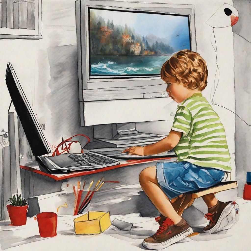  masterpiece, best quality,Draw a picture of a child sitting in front of a computer watching a horror movie