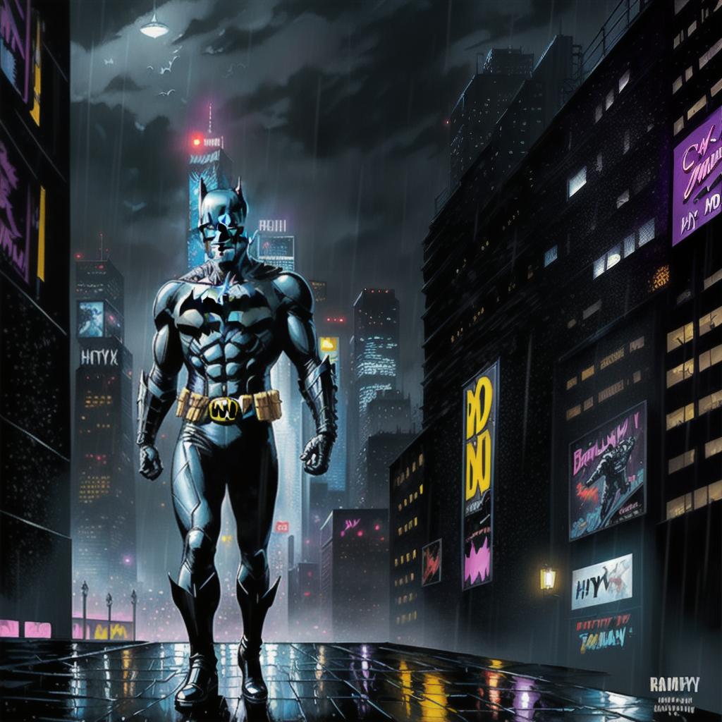  full body batman in a city background. Comic book style, highly detailed, sharp details, award winning, raining, oil painting, cyberpunk