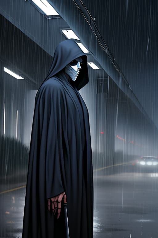  A-TaK, Tall, standing under freeway light, heavy rain, dressed like grim reaper, white mask, Grendel type