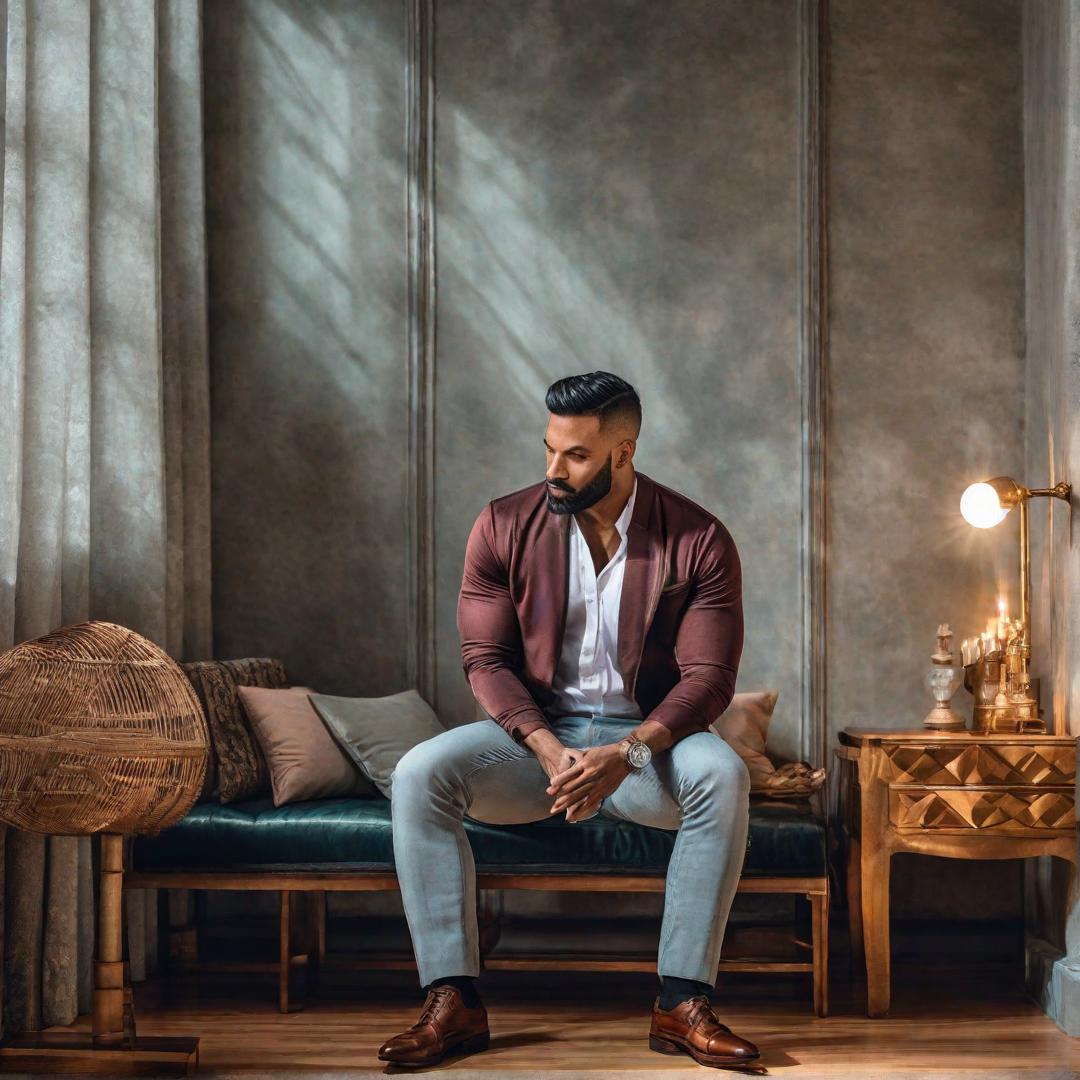  A man was sitting in an empty room. hyperrealistic, full body, detailed clothing, highly detailed, cinematic lighting, stunningly beautiful, intricate, sharp focus, f/1. 8, 85mm, (centered image composition), (professionally color graded), ((bright soft diffused light)), volumetric fog, trending on instagram, trending on tumblr, HDR 4K, 8K