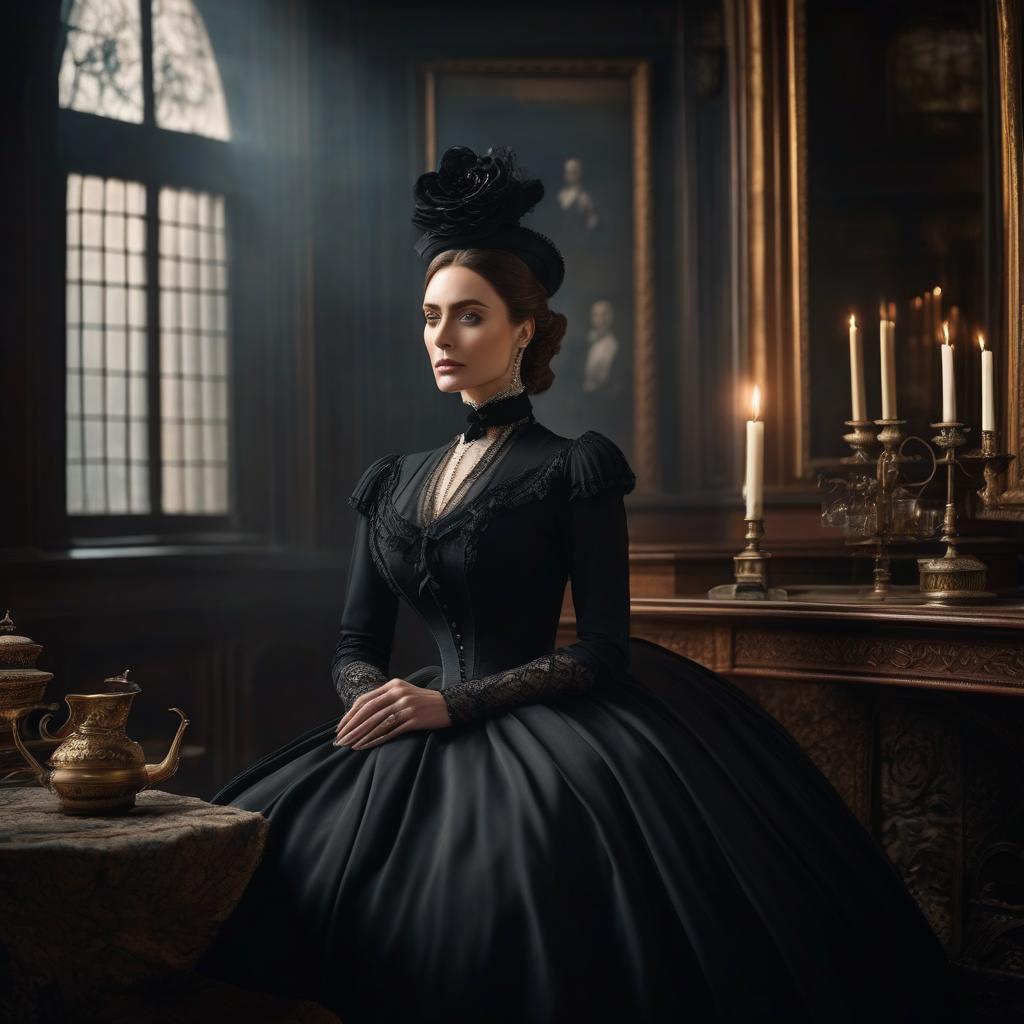  A Victorian beauty in mourning wearing a black dress with a bunch of foam in the 1870s. hyperrealistic, full body, detailed clothing, highly detailed, cinematic lighting, stunningly beautiful, intricate, sharp focus, f/1. 8, 85mm, (centered image composition), (professionally color graded), ((bright soft diffused light)), volumetric fog, trending on instagram, trending on tumblr, HDR 4K, 8K