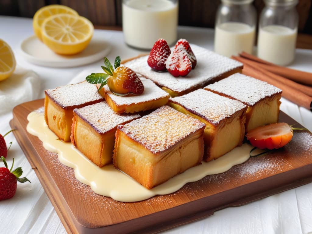  An ultradetailed, photorealistic image of a beautifully arranged plate of traditional Spanish torrijas, featuring goldenbrown slices of bread soaked in sweetened milk, infused with cinnamon and lemon zest, then lightly fried and topped with a generous drizzle of honey and a sprinkle of powdered sugar. The torrijas are garnished with fresh strawberries and mint leaves, all set on a rustic wooden table with a delicate lace tablecloth underneath, creating a warm and inviting atmosphere reminiscent of Semana Santa traditions. hyperrealistic, full body, detailed clothing, highly detailed, cinematic lighting, stunningly beautiful, intricate, sharp focus, f/1. 8, 85mm, (centered image composition), (professionally color graded), ((bright soft diffused light)), volumetric fog, trending on instagram, trending on tumblr, HDR 4K, 8K