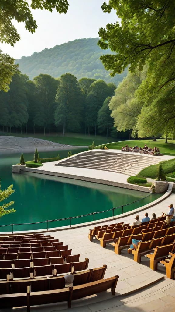  (A large, open air amphitheater with rows of stone benches surrounded by lush, green trees. In the center of the amphitheater is a small stage with a live band performing. In the background, a picturesque lake with sailboats gently gliding across the water.) hyperrealistic, full body, detailed clothing, highly detailed, cinematic lighting, stunningly beautiful, intricate, sharp focus, f/1. 8, 85mm, (centered image composition), (professionally color graded), ((bright soft diffused light)), volumetric fog, trending on instagram, trending on tumblr, HDR 4K, 8K