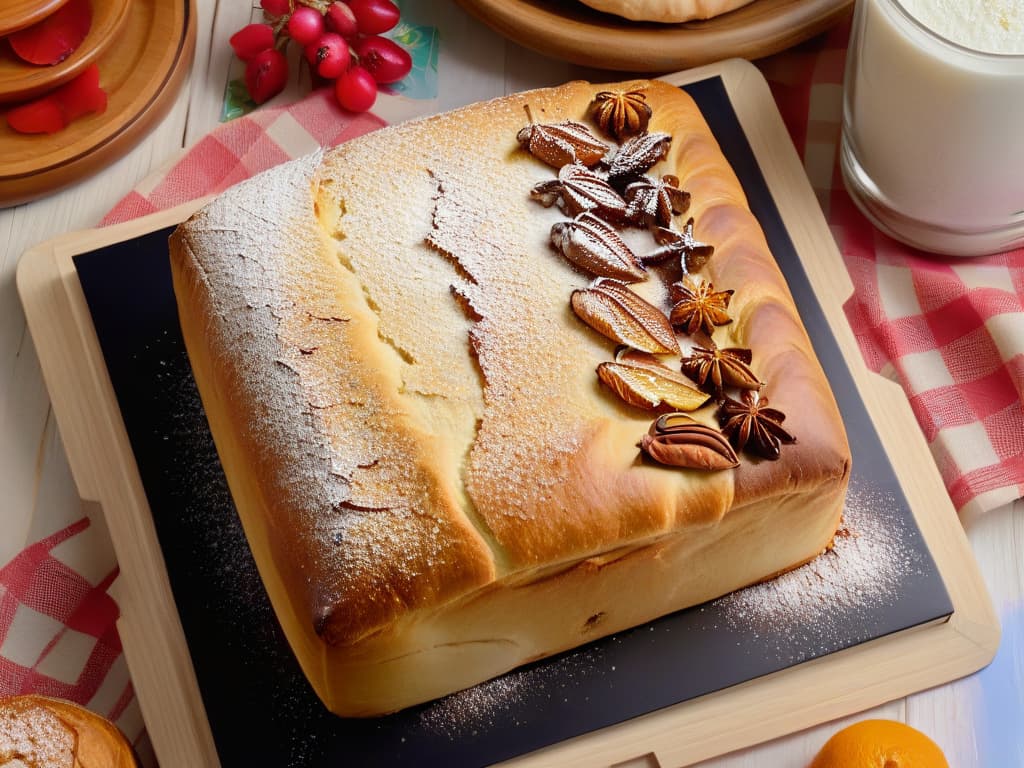  An intricate, overhead shot of a freshly baked pan dulce on a rustic wooden table, sprinkled with powdered sugar and surrounded by colorful dried fruits and nuts. The bread has a goldenbrown crust, with delicate swirls of cinnamon and sugar visible on its surface. A soft, warm light filters in from a nearby window, casting a gentle glow on the delicious treat, highlighting its texture and inviting appearance. hyperrealistic, full body, detailed clothing, highly detailed, cinematic lighting, stunningly beautiful, intricate, sharp focus, f/1. 8, 85mm, (centered image composition), (professionally color graded), ((bright soft diffused light)), volumetric fog, trending on instagram, trending on tumblr, HDR 4K, 8K