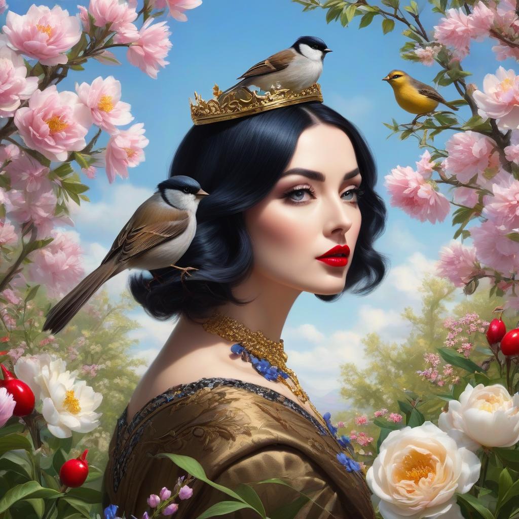  Sparrow, titmice. Blue sky. Greem trees. Just a bird. Blue black hair, blue eyes. Red lips. Gold jewelry. A noble bird's gaze, a small crown. Spring field, hyacinths, roses, rosehips, rose hips, peonies, cherry tree, yellow, red, black flowers, forget me nots. Honoré Fargonard, Alfonso Mucha. A masterpiece. The Eiffel Tower. Trees, bushes, sunlight. Blue sky. Spring, cherry trees. Spring field, hyacinths, roses, rosehips, rose hips, peonies, cherry tree, yellow, red, black flowers, forget me nots. Beautiful twisted arbor wrapped in flowers, sunlight, green plants, black arbor. Summer. field, hyacinths, roses, rosehips, rose hips, peonies, cherry tree, yellow, red, black flowers, forget me nots, black flowers. Small gazebo, no outdoor space hyperrealistic, full body, detailed clothing, highly detailed, cinematic lighting, stunningly beautiful, intricate, sharp focus, f/1. 8, 85mm, (centered image composition), (professionally color graded), ((bright soft diffused light)), volumetric fog, trending on instagram, trending on tumblr, HDR 4K, 8K