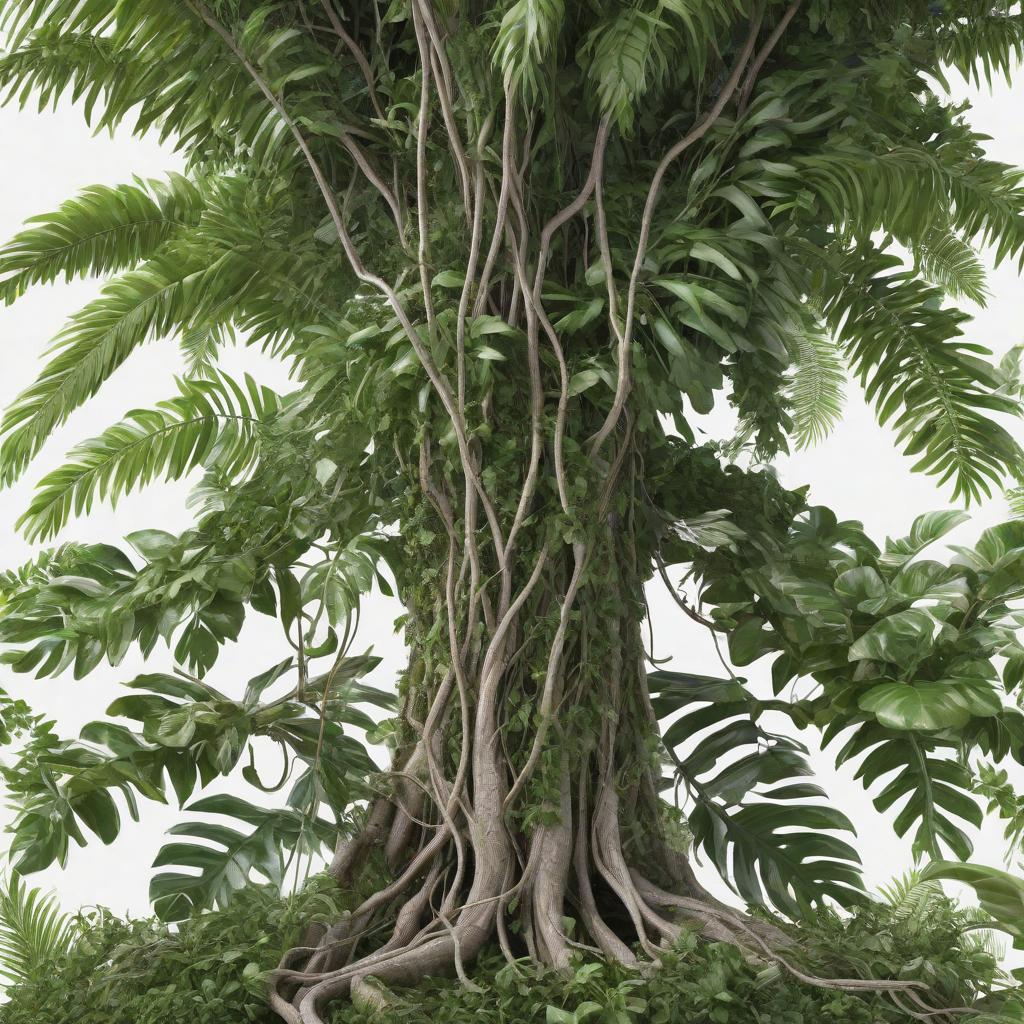  a tropical tree with a trunk and leaves entangled with a vine full-length front view on a white background, cute, hyper detail, full HD hyperrealistic, full body, detailed clothing, highly detailed, cinematic lighting, stunningly beautiful, intricate, sharp focus, f/1. 8, 85mm, (centered image composition), (professionally color graded), ((bright soft diffused light)), volumetric fog, trending on instagram, trending on tumblr, HDR 4K, 8K