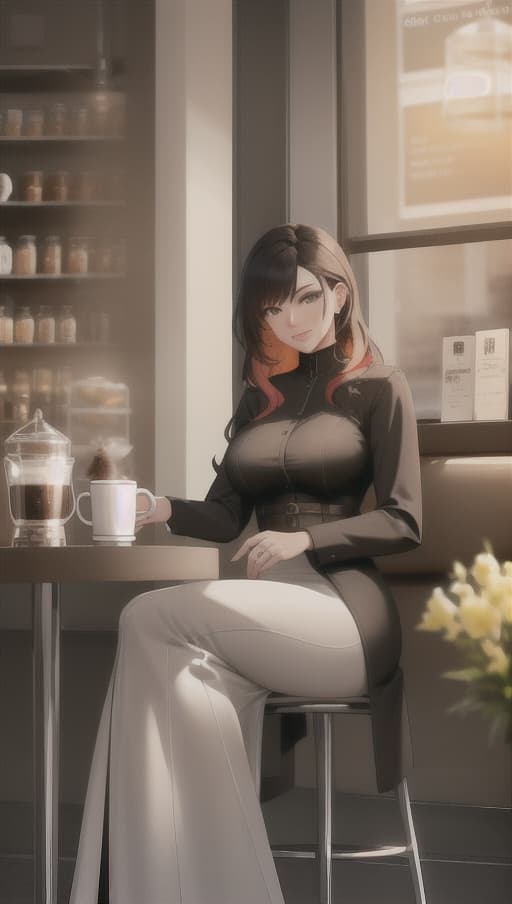  Women sitting in a coffee shop, sipping coffee. hyperrealistic, full body, detailed clothing, highly detailed, cinematic lighting, stunningly beautiful, intricate, sharp focus, f/1. 8, 85mm, (centered image composition), (professionally color graded), ((bright soft diffused light)), volumetric fog, trending on instagram, trending on tumblr, HDR 4K, 8K
