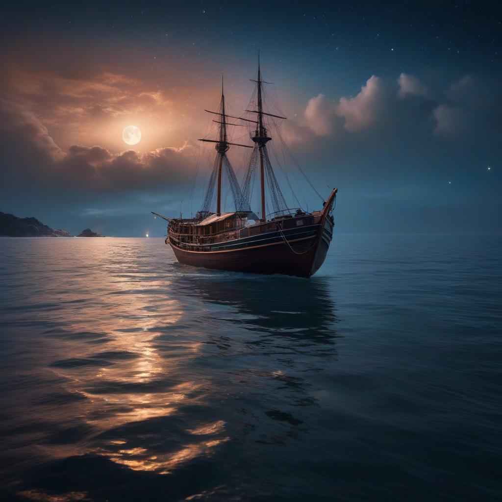  The boat sails on the ocean at night, the starry sky is reflected in the water. hyperrealistic, full body, detailed clothing, highly detailed, cinematic lighting, stunningly beautiful, intricate, sharp focus, f/1. 8, 85mm, (centered image composition), (professionally color graded), ((bright soft diffused light)), volumetric fog, trending on instagram, trending on tumblr, HDR 4K, 8K