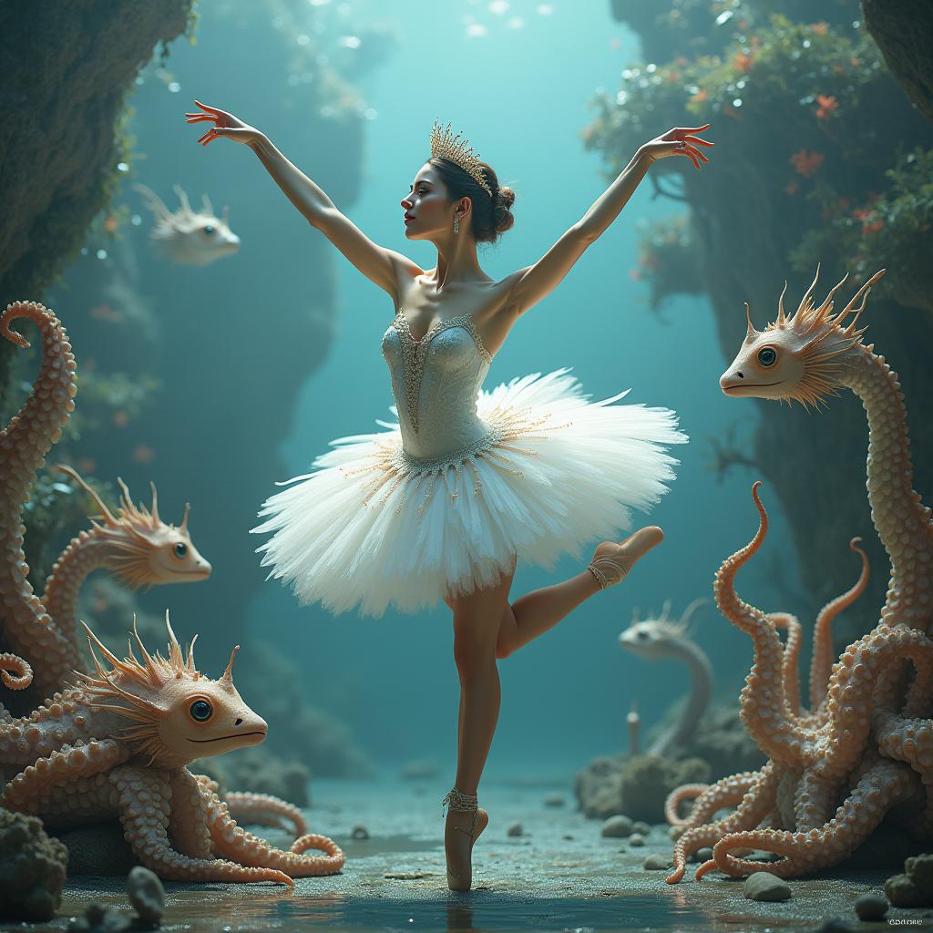  good quality, high quality, this image presents a surreal and fantastical scene where a ballerina, dressed in an ornate white tutu, performs a graceful arabesque amidst an otherworldly, oceanic environment. the ballerina's pose is elegant and poised, with her extended leg and outstretched arms capturing the precision and beauty of classical ballet. her attire, detailed with intricate feather like textures, resembles a swan, evoking references to swan lake. her crown adds a regal and ethereal quality, further enhancing the image’s sense of fantasy. surrounding her are fantastical sea creatures, including detailed octopus like beings and ethereal, dragon like fish. these creatures are highly stylized, their surfaces adorned with pearl like