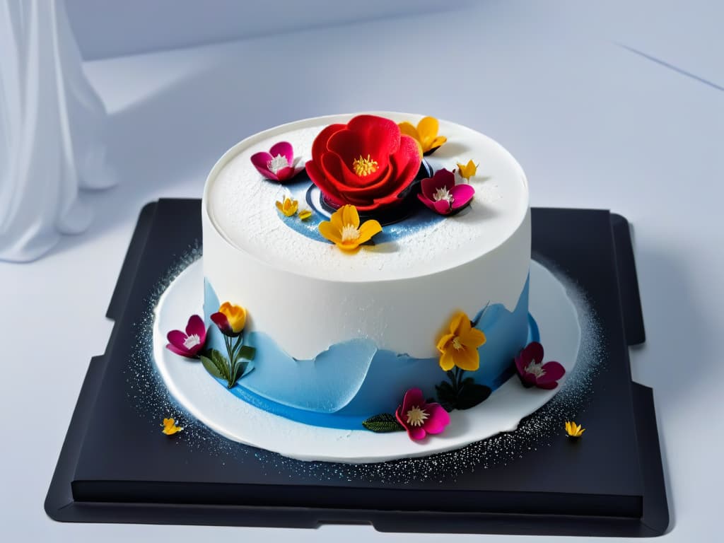  A minimalist, ultradetailed image of a 3D printed dessert masterpiece, intricately designed with layers of delicate sugar sculptures, vibrant edible flowers, and shimmering metallic accents. The dessert is displayed on a sleek, matte black plate, against a stark white backdrop, emphasizing the precision and artistry of the creation. Each element is flawlessly executed, showcasing the fusion of technology and culinary artistry in the realm of 3D desserts. hyperrealistic, full body, detailed clothing, highly detailed, cinematic lighting, stunningly beautiful, intricate, sharp focus, f/1. 8, 85mm, (centered image composition), (professionally color graded), ((bright soft diffused light)), volumetric fog, trending on instagram, trending on tumblr, HDR 4K, 8K