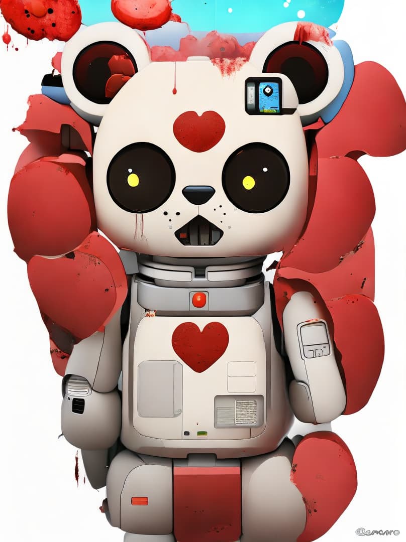  , a cute guilt robot bear, sticker, akira toriyama , white background,murder bear, bloody , dripping blood,bloody trump head on ground,giant realistic heart<lora:arcana-xl:0.9380552704105101><lora:neoclassicalmasterbedroom:0.5895297976427594><lora:japanese-modern-wood-inte:0.009435480412516073><lora:envybetterhands-loco:0.35833211775159257> hyperrealistic, full body, detailed clothing, highly detailed, cinematic lighting, stunningly beautiful, intricate, sharp focus, f/1. 8, 85mm, (centered image composition), (professionally color graded), ((bright soft diffused light)), volumetric fog, trending on instagram, trending on tumblr, HDR 4K, 8K