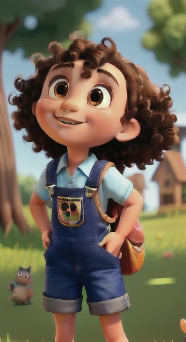  {Riley looking up at the tree with a big smile, animals surrounding them., Riley, a curious with big brown eyes and curly hair, wearing overalls and carrying a small backpack. Their friend, Skye, a bluebird with shiny feathers.