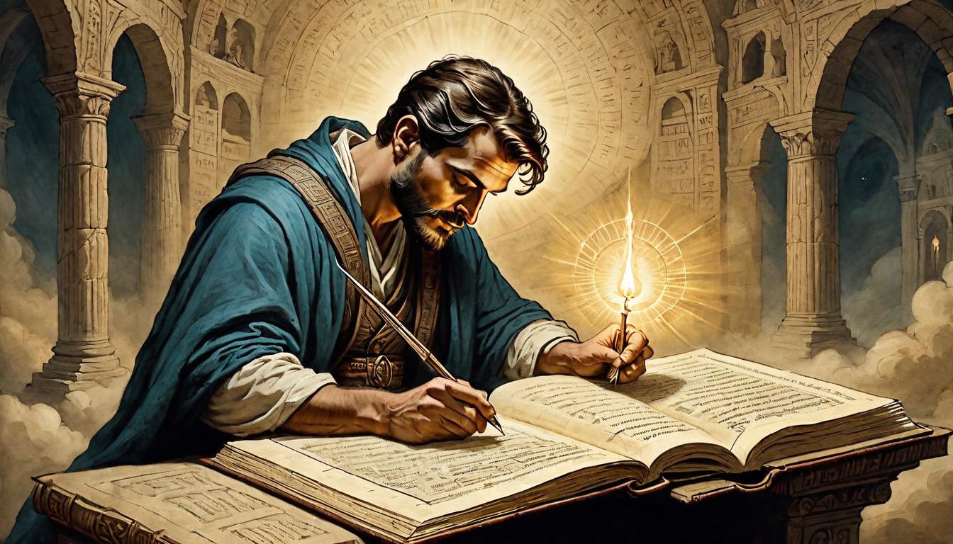  on parchment, surrealism+++, Person reading an ancient text, light emanating from pages, absorbing knowledge, intense focus, transformative(mysterious, provocative, symbolic,muted color)+++