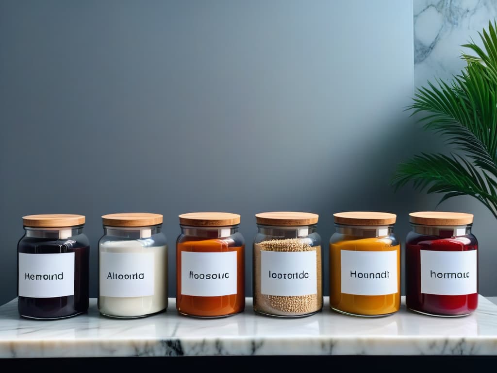  A sleek, minimalistic image featuring an array of luxurious alternative flours such as almond, coconut, and hazelnut elegantly displayed in clear glass jars with wooden lids on a marble countertop. The soft natural light highlights the textures and colors of the flours, creating a visually appealing and aspirational scene for the audience. hyperrealistic, full body, detailed clothing, highly detailed, cinematic lighting, stunningly beautiful, intricate, sharp focus, f/1. 8, 85mm, (centered image composition), (professionally color graded), ((bright soft diffused light)), volumetric fog, trending on instagram, trending on tumblr, HDR 4K, 8K