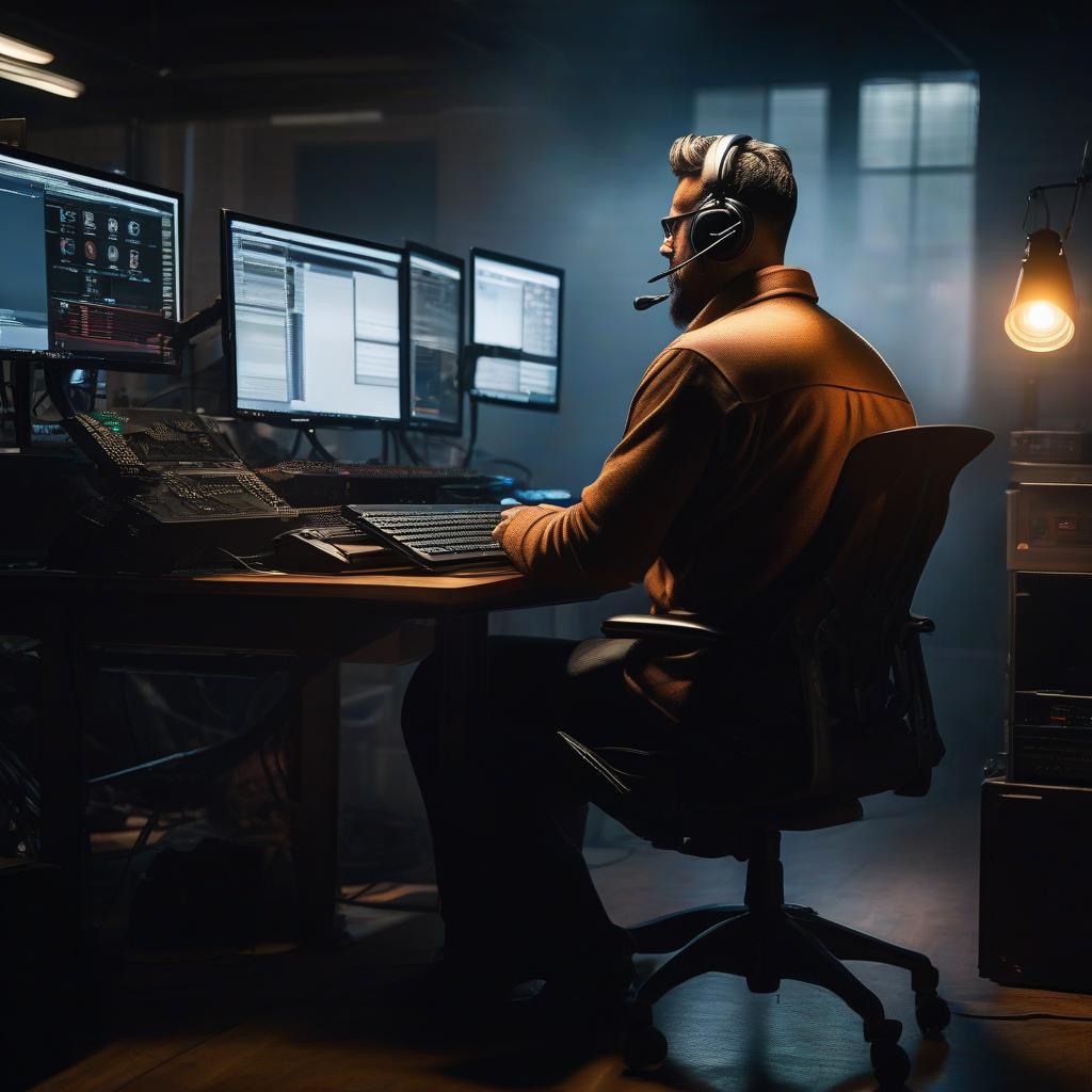  A person without hands sitting at a computer should not have hands. He is a disabled person. hyperrealistic, full body, detailed clothing, highly detailed, cinematic lighting, stunningly beautiful, intricate, sharp focus, f/1. 8, 85mm, (centered image composition), (professionally color graded), ((bright soft diffused light)), volumetric fog, trending on instagram, trending on tumblr, HDR 4K, 8K