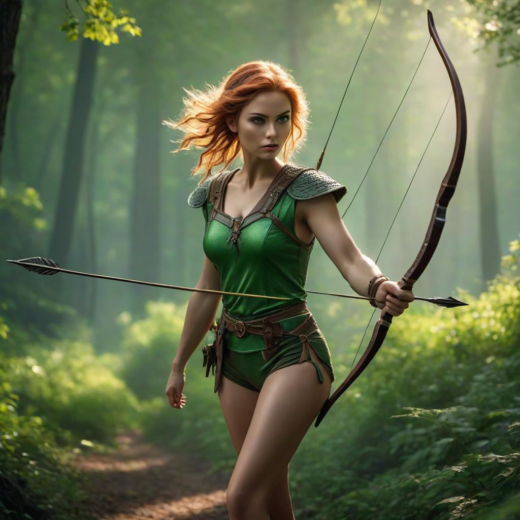  cinematic photo A European woman dressed in a top and shorts, bright green in color. Her eyes are the color of oak bark, holding a bow and an arrow hunting knife in her hands. . 35mm photograph, film, bokeh, professional, 4k, highly detailed hyperrealistic, full body, detailed clothing, highly detailed, cinematic lighting, stunningly beautiful, intricate, sharp focus, f/1. 8, 85mm, (centered image composition), (professionally color graded), ((bright soft diffused light)), volumetric fog, trending on instagram, trending on tumblr, HDR 4K, 8K