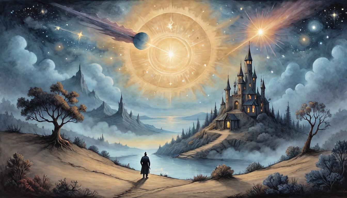  on parchment, surrealism+++, A star shooting across a twilight sky towards a glowing horizon, proactive force propelling forward, journey of growth, twilight transformation(mysterious, provocative, symbolic,muted color)+++