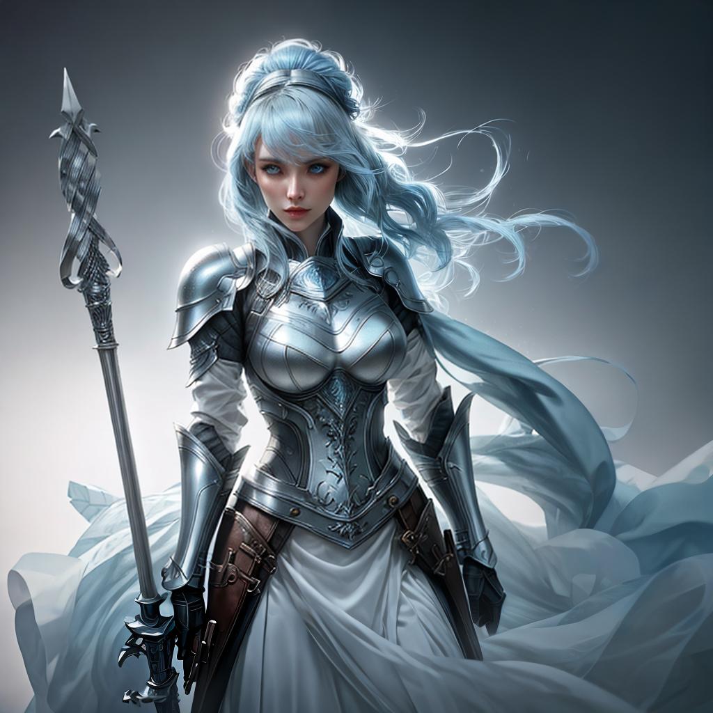  (solo:1.5), 1female, light blue hair, radiant blue eyes, white skin, light plated cloth armor, hold staff, ((full body)) hyperrealistic, full body, detailed clothing, highly detailed, cinematic lighting, stunningly beautiful, intricate, sharp focus, f/1. 8, 85mm, (centered image composition), (professionally color graded), ((bright soft diffused light)), volumetric fog, trending on instagram, trending on tumblr, HDR 4K, 8K