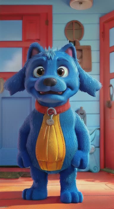  {Max the big blue dog standing in front of a cozy little house with a red door, The big blue dog is large with sky blue fur, big round eyes, a black nose, and floppy ears.