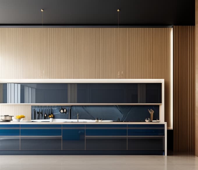  Luxurious modern kitchen with a color palette of blue brown white black