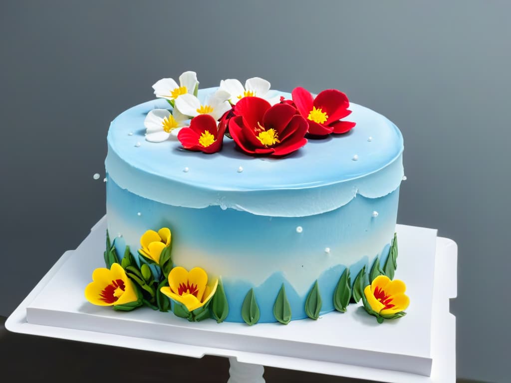  An ultradetailed closeup image of a perfectly frosted and decorated threetiered cake, showcasing intricate piping work, delicate fondant details, and vibrant edible flowers, set against a clean, white background to emphasize the artistry and skill involved in pastry decoration. hyperrealistic, full body, detailed clothing, highly detailed, cinematic lighting, stunningly beautiful, intricate, sharp focus, f/1. 8, 85mm, (centered image composition), (professionally color graded), ((bright soft diffused light)), volumetric fog, trending on instagram, trending on tumblr, HDR 4K, 8K