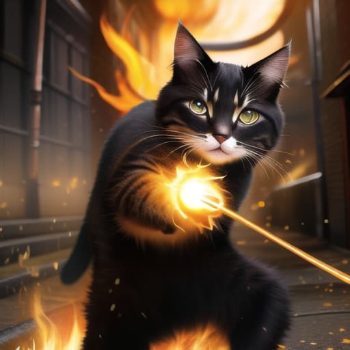  an anthropomorphic cat wearing black linen is depicted in an action pose, swirling fire with an arrow symbol in cat hand, floating above a street in a dark city alleyway, swirling magic effects and swirling energy waves surround cat, with a golden glow on cat face and body, looking at the camera, hyper detailed, movie still, ultrawide, ultra detailed, hyper focus, unreal engine, masterpiece, high rez, high quality, , (masterpiece, best quality:1.5), HDR 4K, 8K