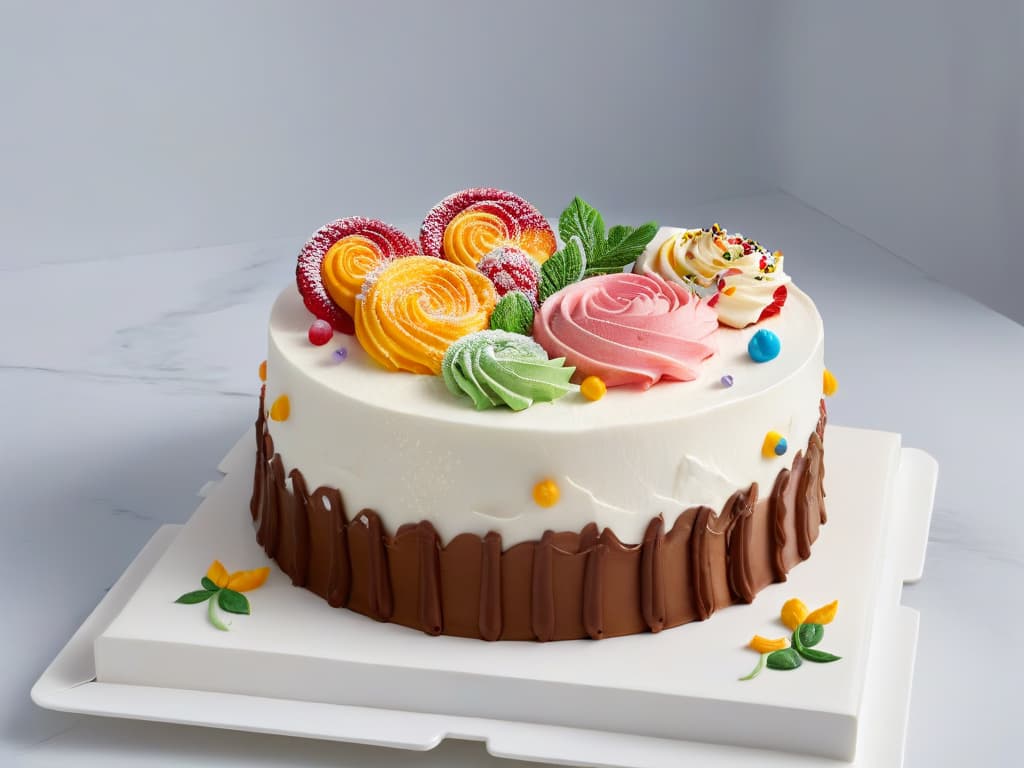  A closeup, ultradetailed image of an intricately decorated thematic cake placed on a sleek, white marble countertop. The cake features vibrant colors, delicate fondant decorations depicting various baking tools, and perfectly piped frosting swirls. The intricate details showcase the precision and artistry involved in creating successful themed bakery products, making it an inspiring visual representation for the article on measuring the success of thematic baking products. hyperrealistic, full body, detailed clothing, highly detailed, cinematic lighting, stunningly beautiful, intricate, sharp focus, f/1. 8, 85mm, (centered image composition), (professionally color graded), ((bright soft diffused light)), volumetric fog, trending on instagram, trending on tumblr, HDR 4K, 8K