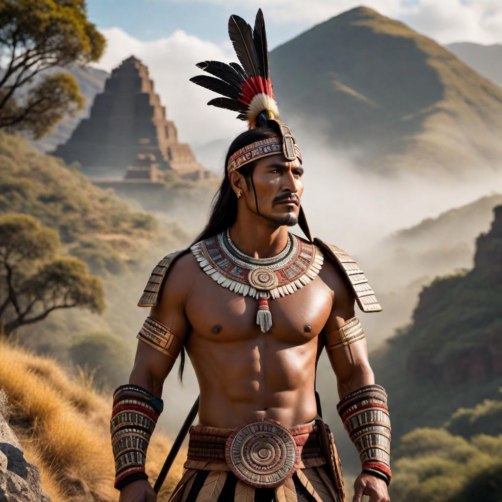  Create an image of an Aztec warrior looking at a landscape and visualizing through his imagination a beautiful landscape representing a stalwart landscape business. hyperrealistic, full body, detailed clothing, highly detailed, cinematic lighting, stunningly beautiful, intricate, sharp focus, f/1. 8, 85mm, (centered image composition), (professionally color graded), ((bright soft diffused light)), volumetric fog, trending on instagram, trending on tumblr, HDR 4K, 8K