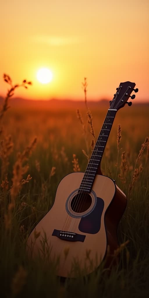  good quality, high quality, a lone acoustic guitar resting in a field of tall grass at sunset.