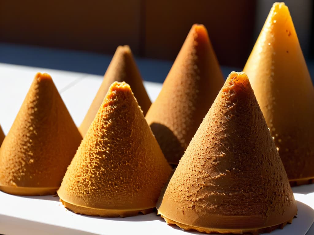  A closeup, ultradetailed image of a stack of goldenbrown panela sugar cones, showcasing their intricate textures and natural caramel hues under soft, diffused lighting. The rough, uneven surface of the panela cones reflects the light, highlighting their organic origins and rich sweetness. Each cone is neatly stacked on top of the other, creating a visually striking composition that captures the essence of traditional panela production and its warm, earthy tones. hyperrealistic, full body, detailed clothing, highly detailed, cinematic lighting, stunningly beautiful, intricate, sharp focus, f/1. 8, 85mm, (centered image composition), (professionally color graded), ((bright soft diffused light)), volumetric fog, trending on instagram, trending on tumblr, HDR 4K, 8K