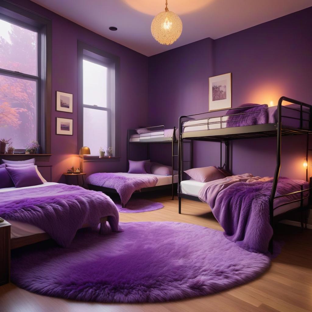  Interior for a three person dormitory room. Warm toned walls. Pretty fluffy carpet. All in purple tones. hyperrealistic, full body, detailed clothing, highly detailed, cinematic lighting, stunningly beautiful, intricate, sharp focus, f/1. 8, 85mm, (centered image composition), (professionally color graded), ((bright soft diffused light)), volumetric fog, trending on instagram, trending on tumblr, HDR 4K, 8K