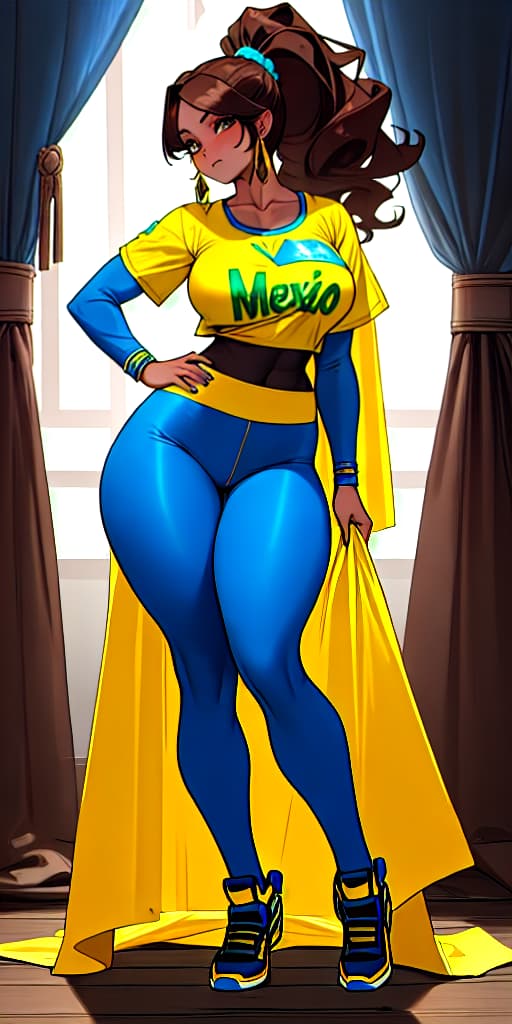  Extremely beautiful face, Mexican woman, slave woman, hourglass body, latina, Mexican face, extreme facial features, wearing makeup, dimples, long brown curly hair in ponytail, (curtain bangs) in blue jacket, yellow t shirt, blue leggings, fallout clothes,  extremely detailed, stunning visuals, Strong athletic body, thick thighs showing, curved hips, detailed face, beautiful eyes, full body thighs showing, sexy body collarbone