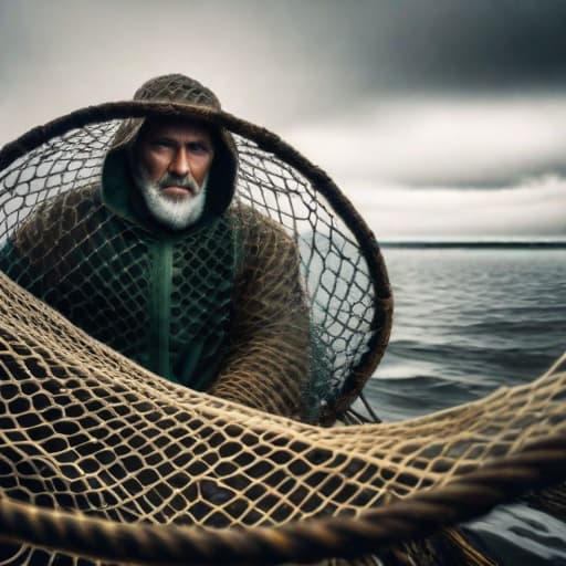  man in fishing net hyperrealistic, full body, detailed clothing, highly detailed, cinematic lighting, stunningly beautiful, intricate, sharp focus, f/1. 8, 85mm, (centered image composition), (professionally color graded), ((bright soft diffused light)), volumetric fog, trending on instagram, trending on tumblr, HDR 4K, 8K