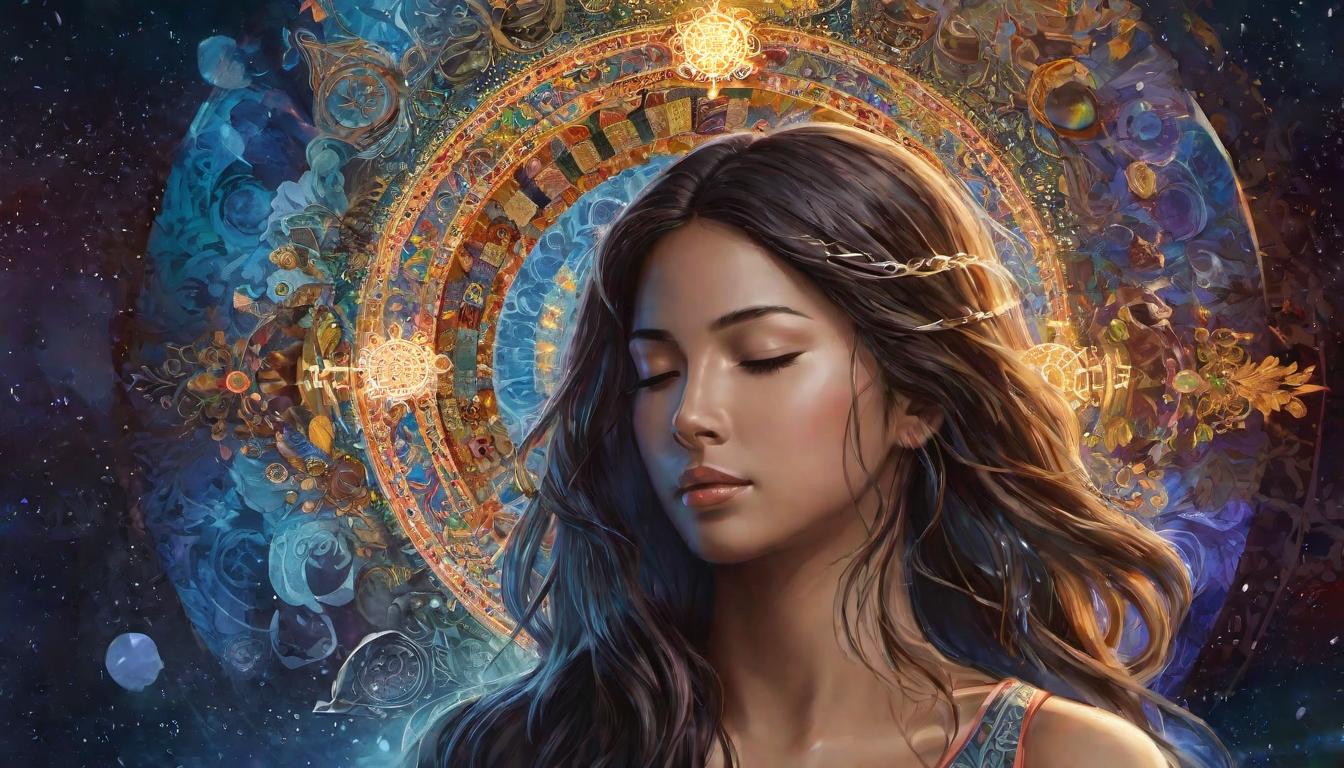  digital illustration, portrait of a person, eyes closed in meditation, surrounded by symbols of transformation, serene aura, radiating light, profound, tranquil, looking at viewer, dynamic pose, (intricate details, masterpiece, best quality)