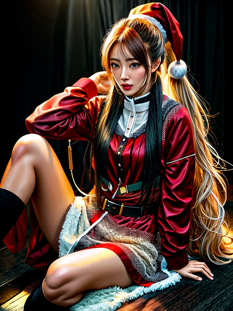  long hair,absurdly long hair,gyaru,ponytail,messy hair, hair,open mouth,drooling,saliva trail,unconscious,,santa, dress,bare legs, old  hyperrealistic, full body, detailed clothing, highly detailed, cinematic lighting, stunningly beautiful, intricate, sharp focus, f/1. 8, 85mm, (centered image composition), (professionally color graded), ((bright soft diffused light)), volumetric fog, trending on instagram, trending on tumblr, HDR 4K, 8K