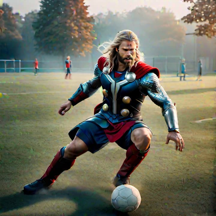  Thor is playing  soccer on the playground hyperrealistic, full body, detailed clothing, highly detailed, cinematic lighting, stunningly beautiful, intricate, sharp focus, f/1. 8, 85mm, (centered image composition), (professionally color graded), ((bright soft diffused light)), volumetric fog, trending on instagram, trending on tumblr, HDR 4K, 8K