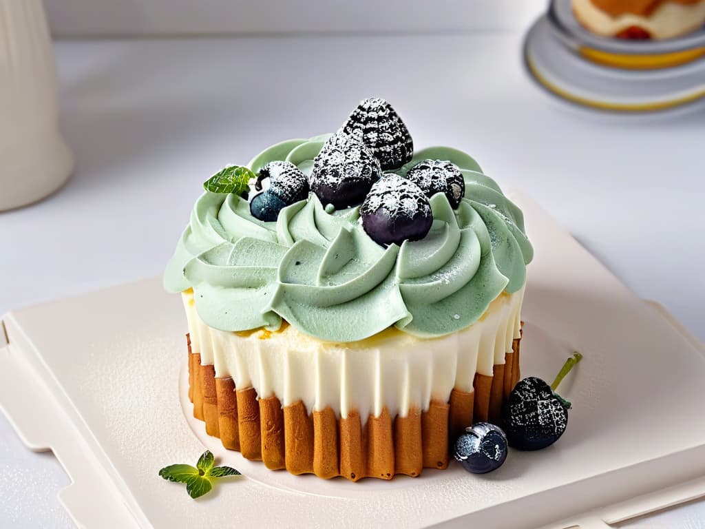  A closeup, ultradetailed image of a perfectly frosted cupcake topped with fresh berries and a delicate mint leaf, presented on a sleek and modern white plate. The frosting is expertly piped in a swirl pattern, showcasing intricate details and smooth texture. The vibrant colors of the berries pop against the white background, creating a visually stunning and appetizing scene that embodies the essence of healthy and indulgent pastries. hyperrealistic, full body, detailed clothing, highly detailed, cinematic lighting, stunningly beautiful, intricate, sharp focus, f/1. 8, 85mm, (centered image composition), (professionally color graded), ((bright soft diffused light)), volumetric fog, trending on instagram, trending on tumblr, HDR 4K, 8K