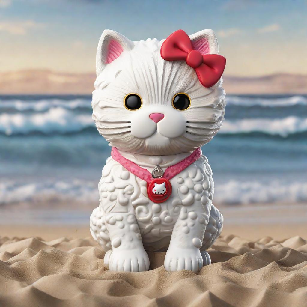  masterpiece, best quality, Best quality, masterpiece, 8k resolution, realistic, highly detailed, close up of hello kitty. On a beach setting with a cattle dog running on the beach sand