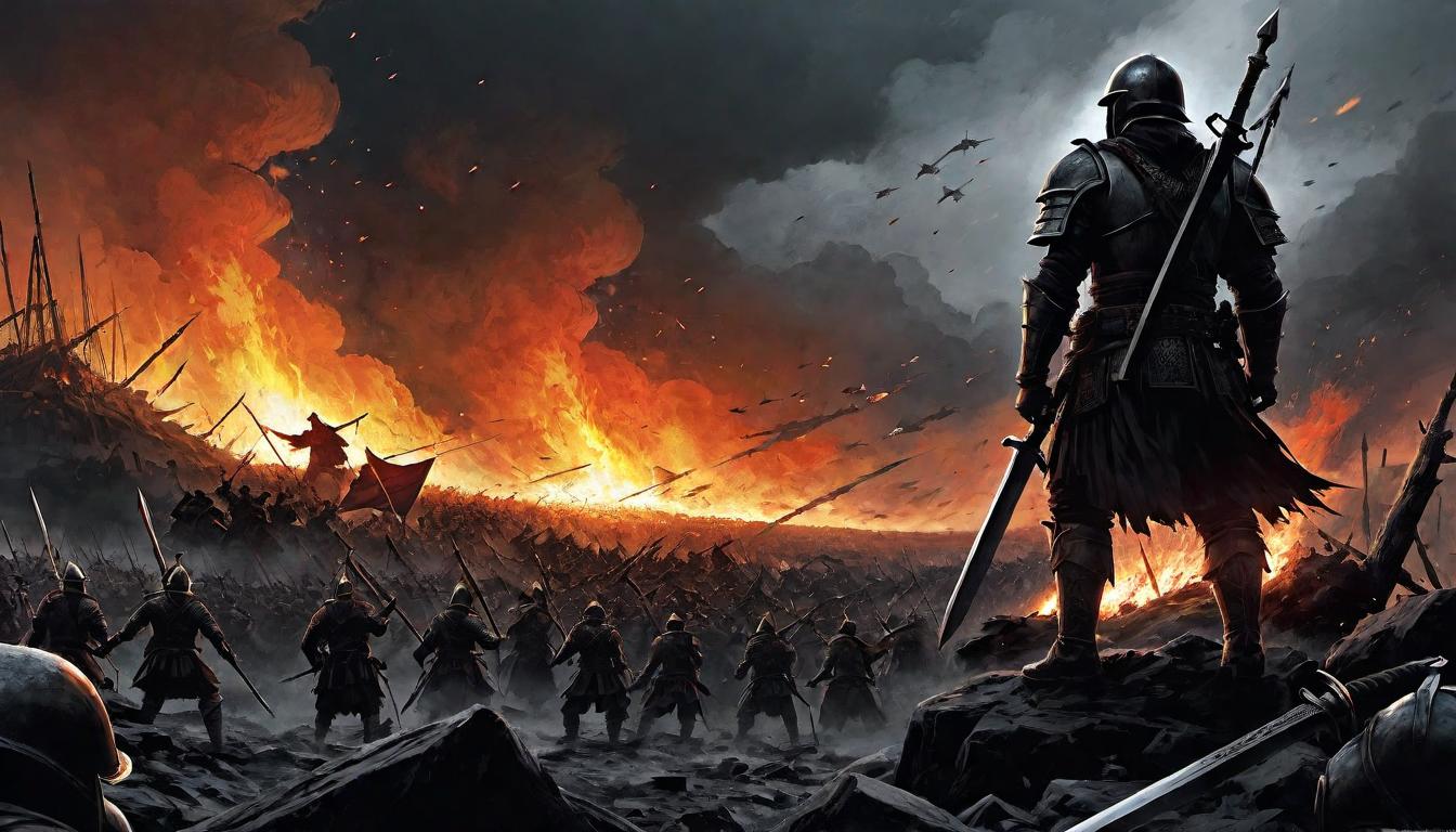  （surrealism)Epic battlefield, fading light in the sky, silhouettes of warriors, debris scattered around, sparks of fire, battle worn faces, intensity, fierce determination mystic, intricate details, best quality)