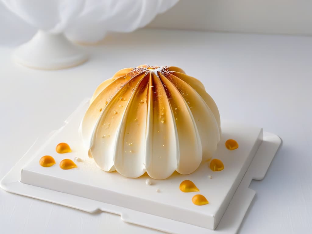  A closeup, ultradetailed image of a perfectly goldenbrown and delicately crispy meringue shell, with tiny air bubbles visible throughout, resting on a pristine white plate. The surface of the meringue glistens slightly under a soft, natural light, showcasing its light and airy texture. hyperrealistic, full body, detailed clothing, highly detailed, cinematic lighting, stunningly beautiful, intricate, sharp focus, f/1. 8, 85mm, (centered image composition), (professionally color graded), ((bright soft diffused light)), volumetric fog, trending on instagram, trending on tumblr, HDR 4K, 8K