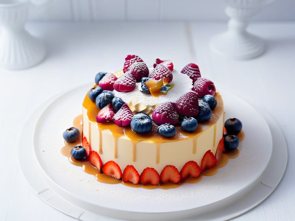  A closeup, ultradetailed image of a delicate, intricately designed homemade dessert, featuring intricate layers of sponge cake, smooth cream, and vibrant fresh berries on top, all elegantly arranged on a minimalist, white porcelain plate. The dessert is adorned with a drizzle of glossy caramel sauce and a sprinkle of edible gold flakes, highlighting the precision and artistry involved in modern homemade dessert presentation. hyperrealistic, full body, detailed clothing, highly detailed, cinematic lighting, stunningly beautiful, intricate, sharp focus, f/1. 8, 85mm, (centered image composition), (professionally color graded), ((bright soft diffused light)), volumetric fog, trending on instagram, trending on tumblr, HDR 4K, 8K