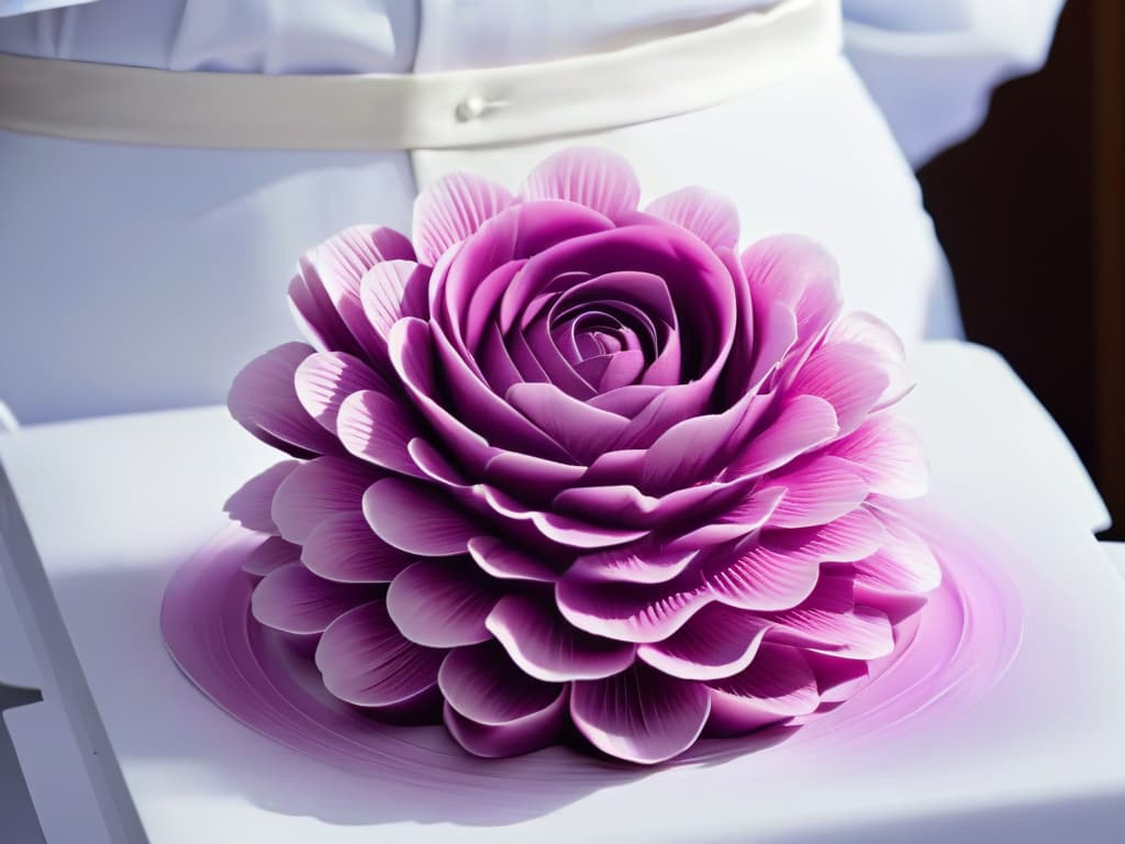  A closeup, ultradetailed image of a delicate, intricate sugar flower being meticulously crafted by a pastry chef's hands. The image showcases the fine details of the petals, capturing the skill and precision involved in creating such a masterpiece. The background is blurred to emphasize the artistry of the sugar flower, with soft lighting highlighting the textures and contours of the petals. hyperrealistic, full body, detailed clothing, highly detailed, cinematic lighting, stunningly beautiful, intricate, sharp focus, f/1. 8, 85mm, (centered image composition), (professionally color graded), ((bright soft diffused light)), volumetric fog, trending on instagram, trending on tumblr, HDR 4K, 8K