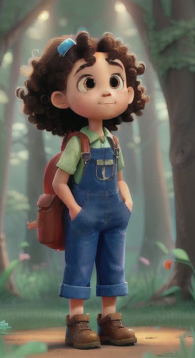  {The tree shining brightly and releasing a gentle, magical light., Riley, a curious with big brown eyes and curly hair, wearing overalls and carrying a small backpack. Their friend, Skye, a bluebird with shiny feathers.